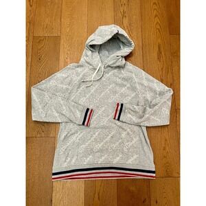 Champion Authentic Mens Large Gray All Over Script Logo Hoodie Striped Trim L